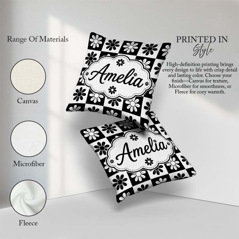 Custom Name Cute Black White Daisy Floral Seamless Pattern Name Square Filled Cushion Throw Pillow Sofa Bed Home Decor Zip Washable UK Made
