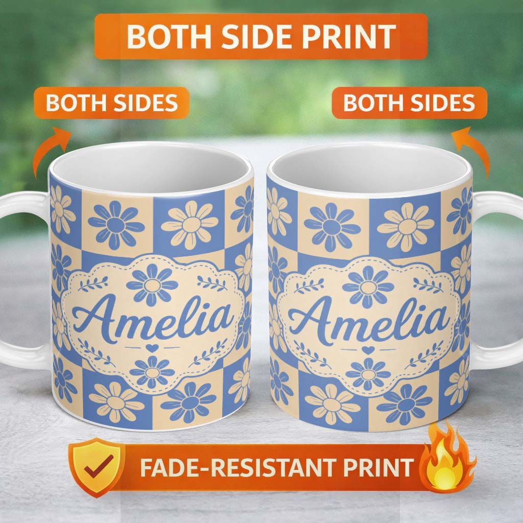 Personalized Custom Name Cute Blue Beige Daisy Checkerboard Floral Seamless Pattern Name 11oz Ceramic Coffee Tea Mug White Large Handle