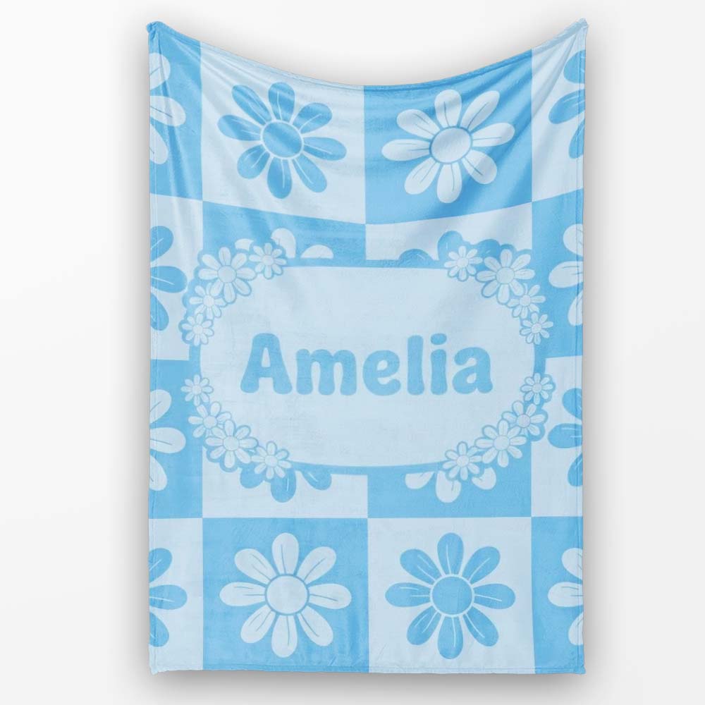Cute Soft Blue Daisy Checkerboard Floral Seamless Pattern Name Personalised Custom Name Super Soft Fleece Blanket Bed Sofa Throw