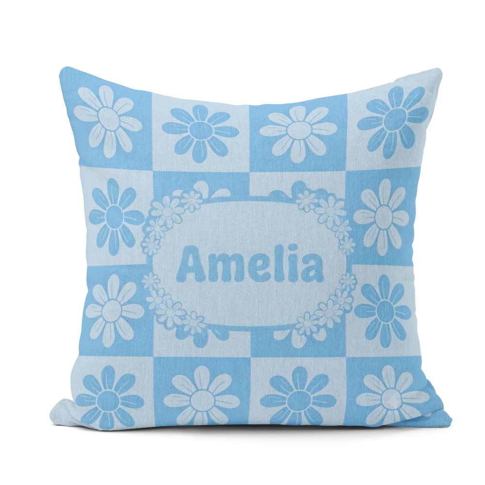Custom Name Cute Soft Blue Daisy Floral Seamless Pattern Name Square Filled Cushion Throw Pillow Sofa Bed Home Decor Zip Washable UK Made