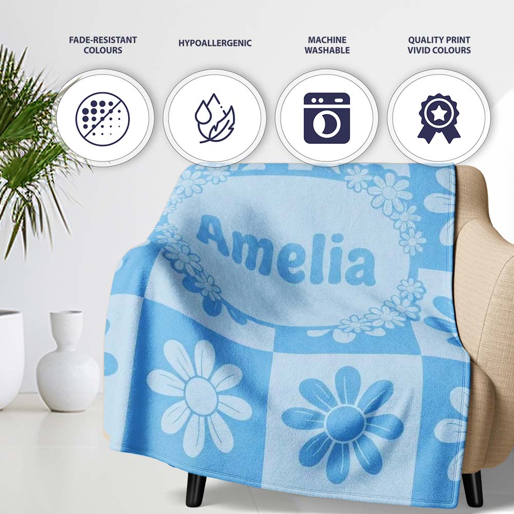 Cute Soft Blue Daisy Checkerboard Floral Seamless Pattern Name Personalised Custom Name Super Soft Fleece Blanket Bed Sofa Throw