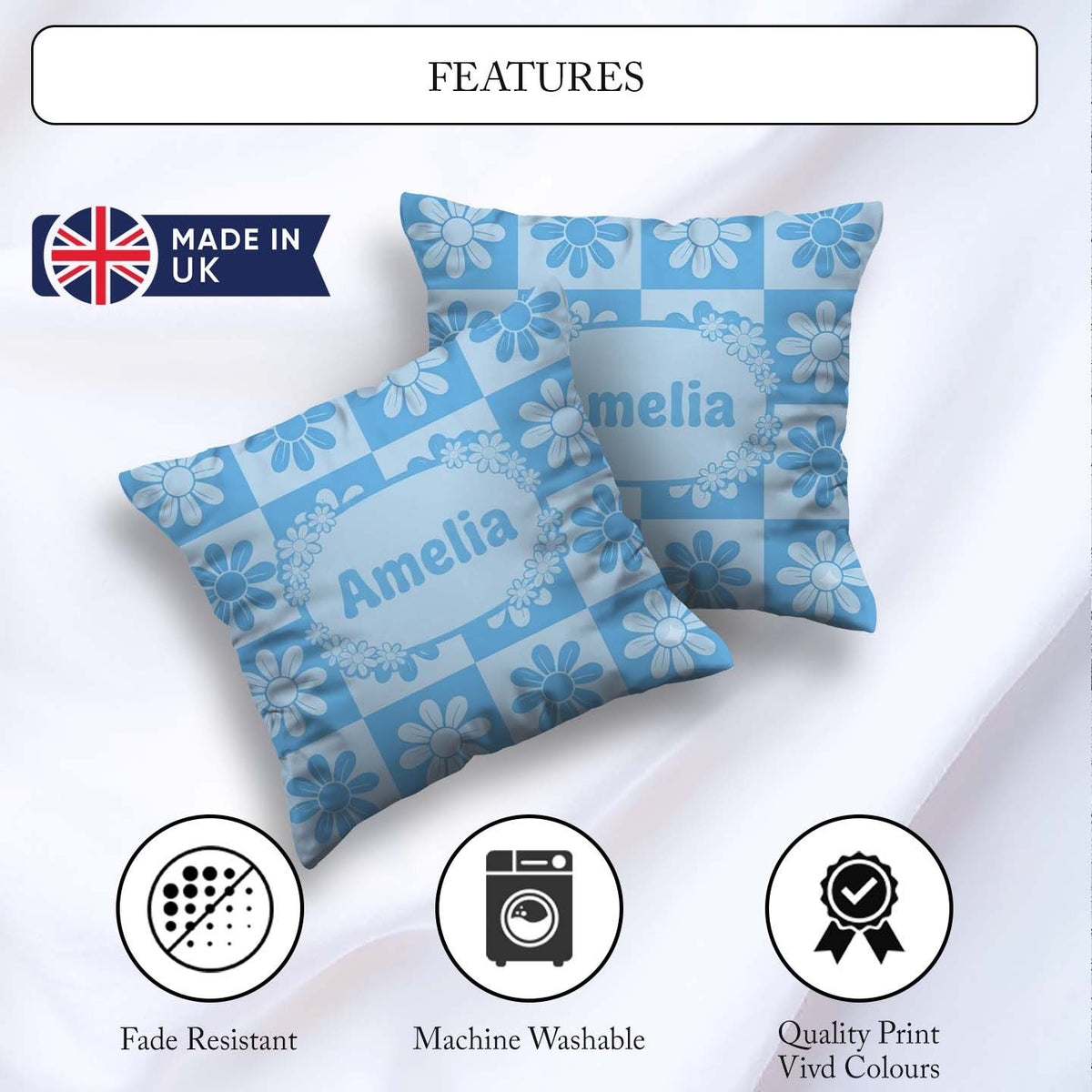 Custom Name Cute Soft Blue Daisy Floral Seamless Pattern Name Square Filled Cushion Throw Pillow Sofa Bed Home Decor Zip Washable UK Made