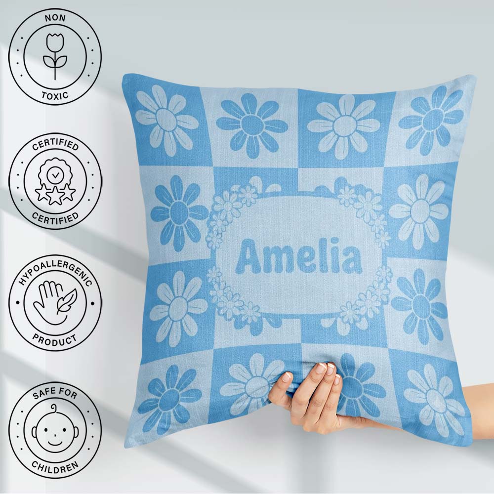 Custom Name Cute Soft Blue Daisy Floral Seamless Pattern Name Square Filled Cushion Throw Pillow Sofa Bed Home Decor Zip Washable UK Made