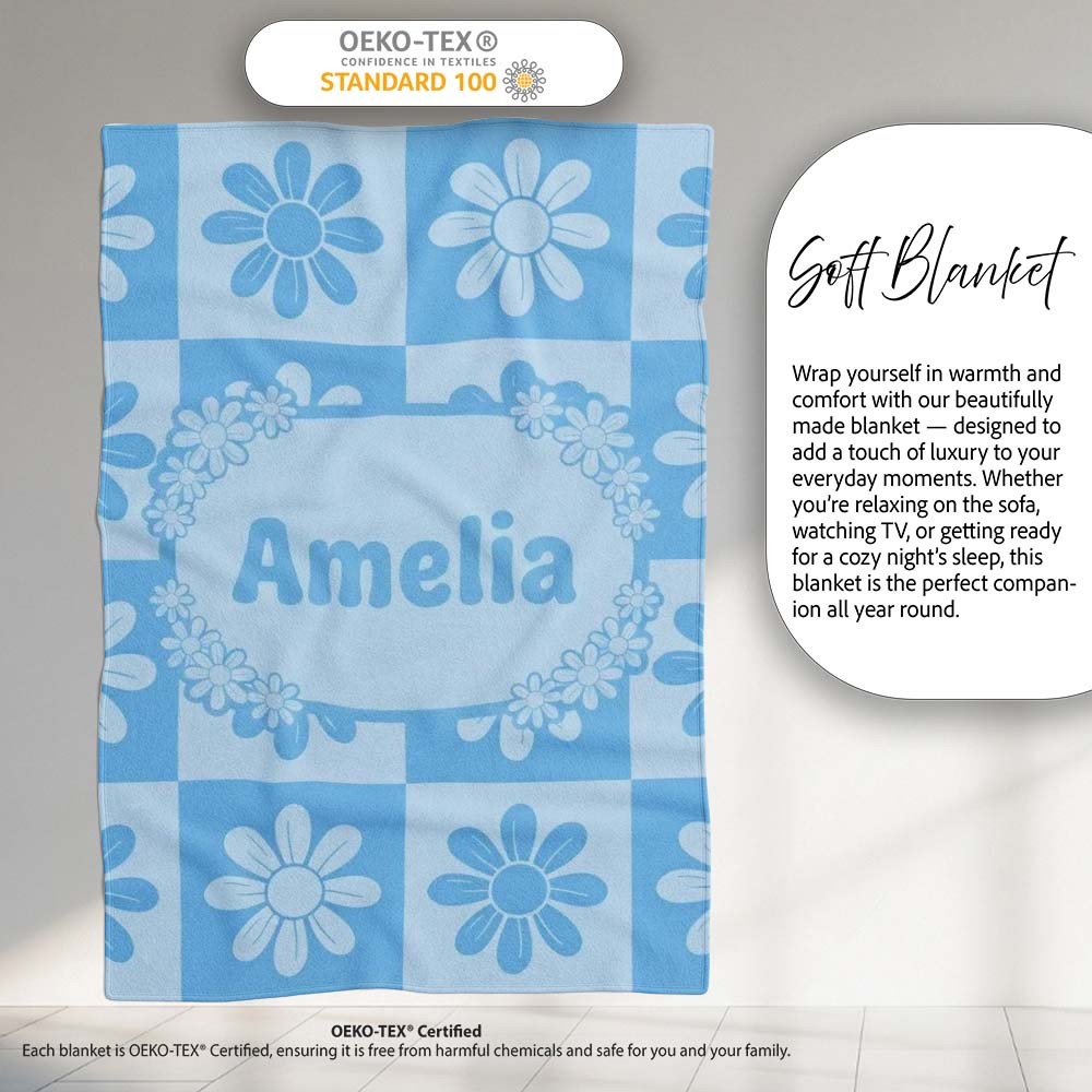 Cute Soft Blue Daisy Checkerboard Floral Seamless Pattern Name Personalised Custom Name Super Soft Fleece Blanket Bed Sofa Throw