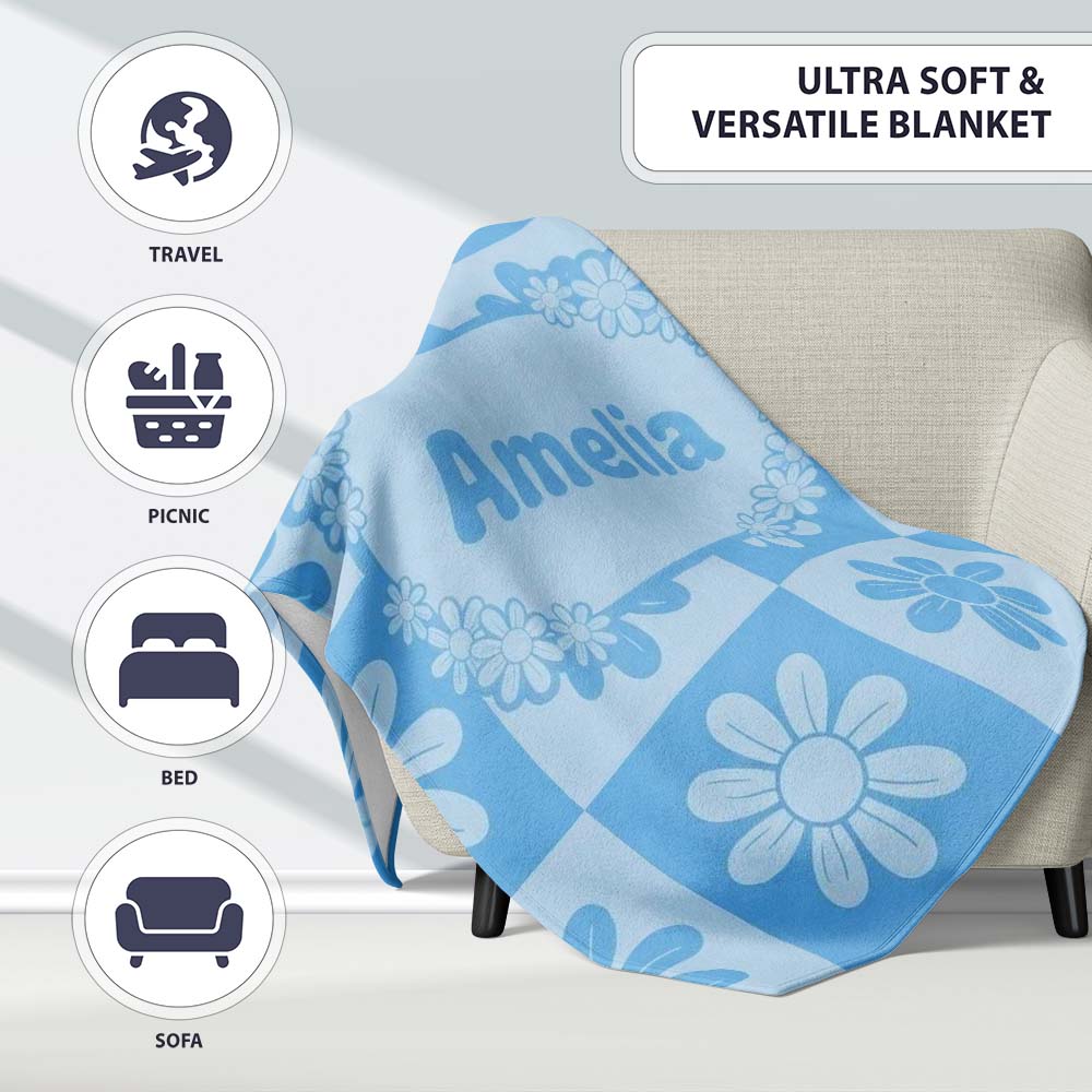 Cute Soft Blue Daisy Checkerboard Floral Seamless Pattern Name Personalised Custom Name Super Soft Fleece Blanket Bed Sofa Throw