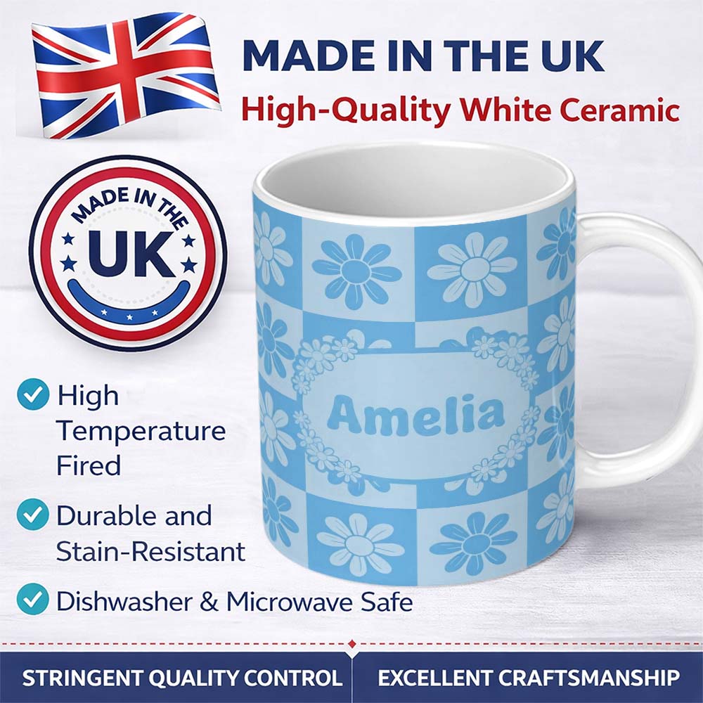 Personalized Custom Name Cute Soft Blue Daisy Checkerboard Floral Seamless Pattern Name 11oz Ceramic Coffee Tea Mug White Large Handle
