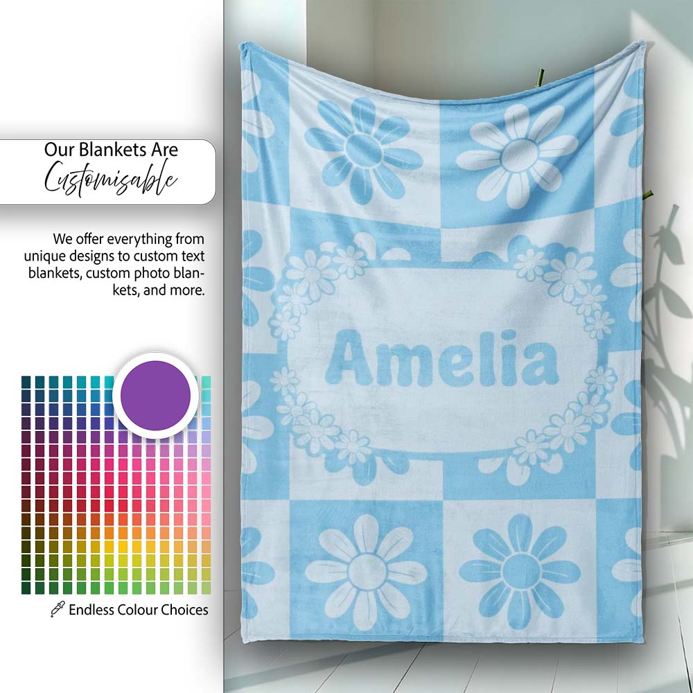 Cute Soft Blue Daisy Checkerboard Floral Seamless Pattern Name Personalised Custom Name Super Soft Fleece Blanket Bed Sofa Throw
