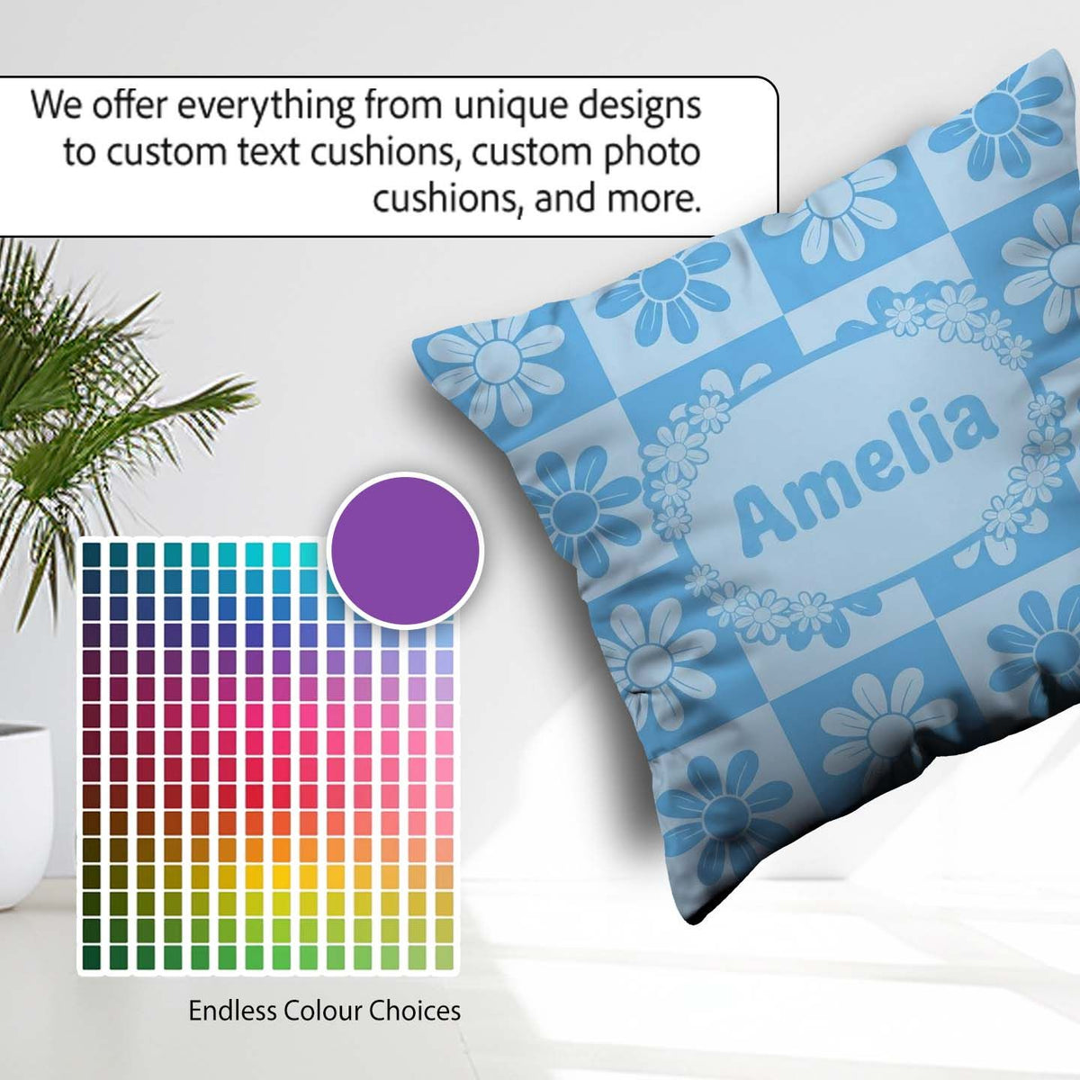 Custom Name Cute Soft Blue Daisy Floral Seamless Pattern Name Square Filled Cushion Throw Pillow Sofa Bed Home Decor Zip Washable UK Made