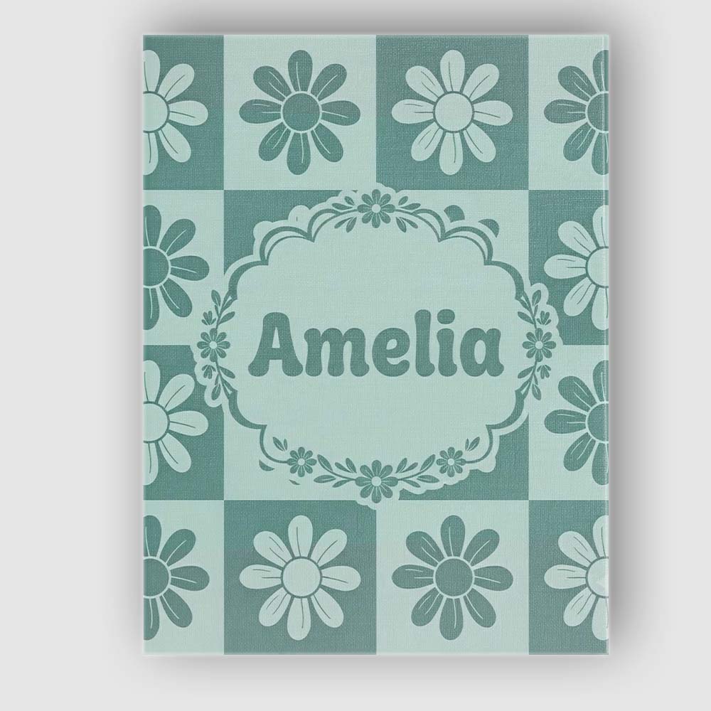 Personalised Name Cute Green Daisy Checkerboard Floral Seamless Creative Decorator Style Canvas Wall Art Print Decor Picture Ready to Hang