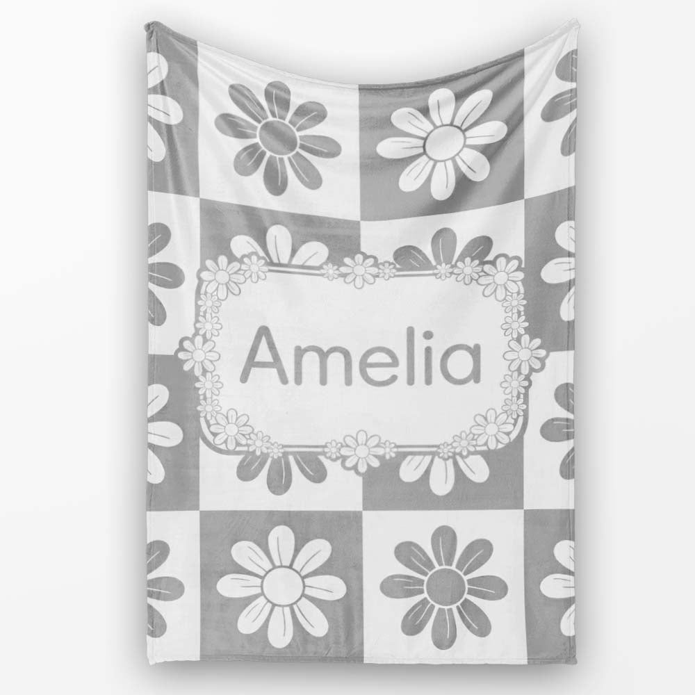 Cute Grey Daisy Checkerboard Floral Seamless Pattern Name Unique Personalised Custom Name Super Soft Fleece Blanket Bed Sofa Throw