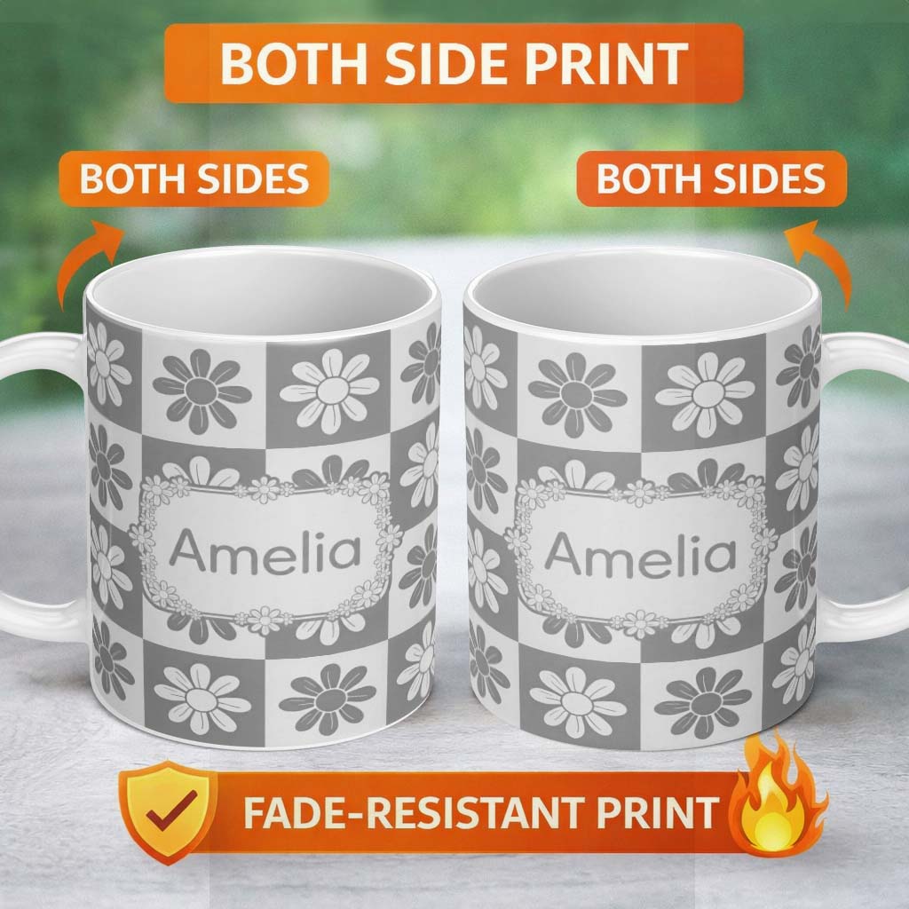 Personalized Custom Name Cute Grey Daisy Checkerboard Floral Seamless Pattern Name Unique 11oz Ceramic Coffee Tea Mug White Large Handle