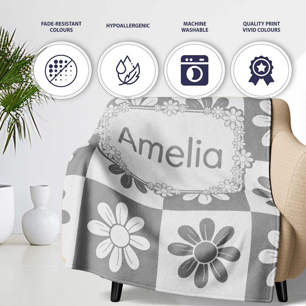 Cute Grey Daisy Checkerboard Floral Seamless Pattern Name Unique Personalised Custom Name Super Soft Fleece Blanket Bed Sofa Throw