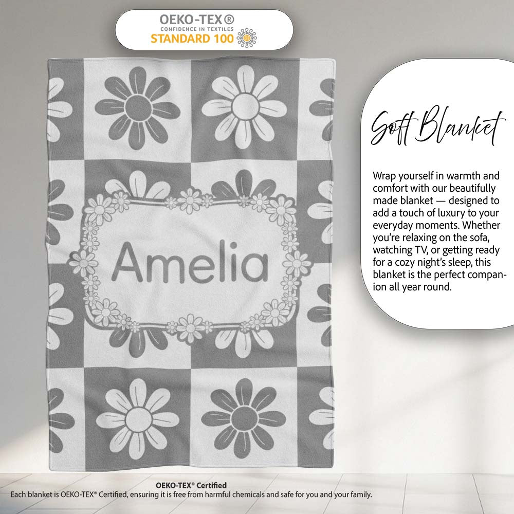 Cute Grey Daisy Checkerboard Floral Seamless Pattern Name Unique Personalised Custom Name Super Soft Fleece Blanket Bed Sofa Throw