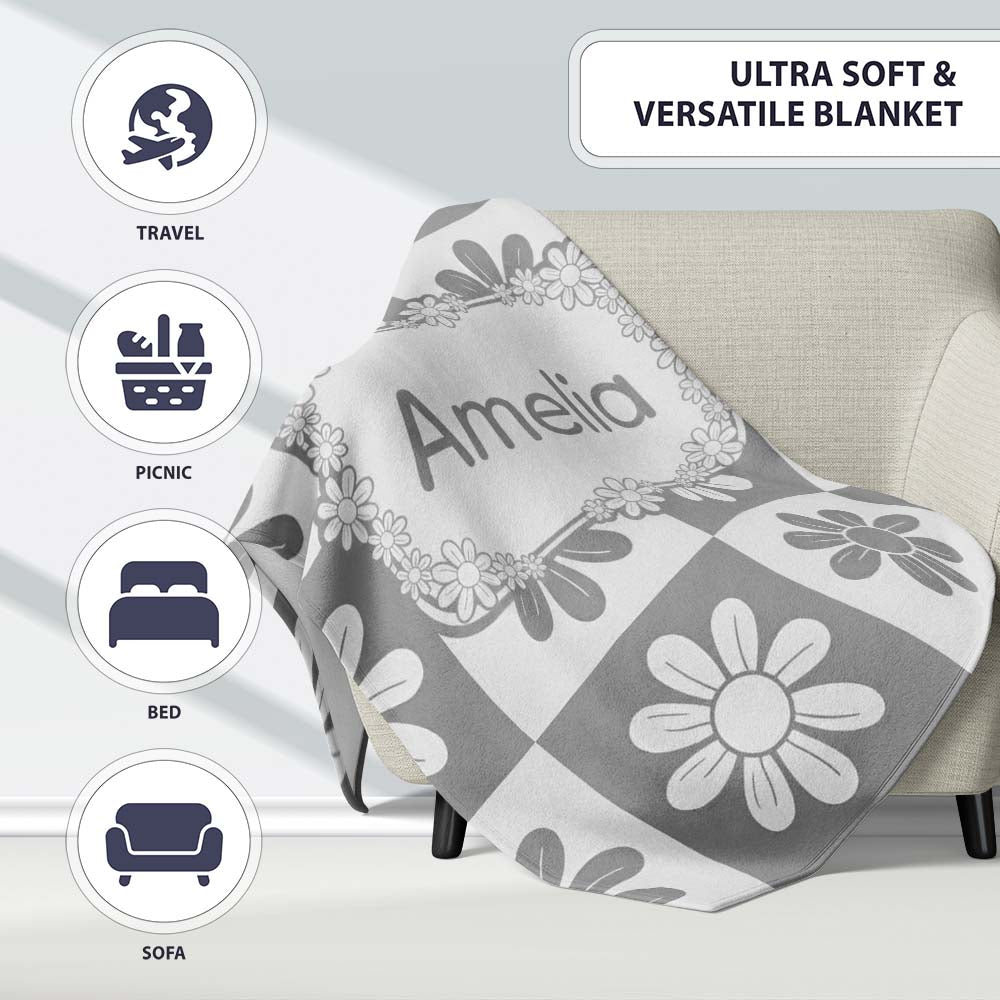 Cute Grey Daisy Checkerboard Floral Seamless Pattern Name Unique Personalised Custom Name Super Soft Fleece Blanket Bed Sofa Throw