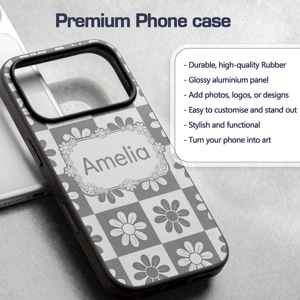 Cute Grey Daisy Checkerboard Floral Seamless Custom Name Protective Phone Case Mobile Cover Durable Everyday Smartphone Shock Resistant
