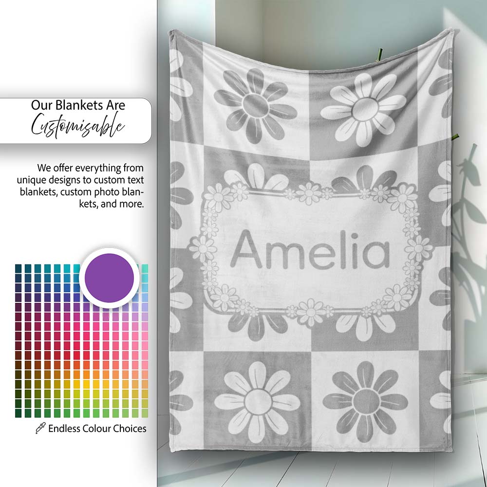 Cute Grey Daisy Checkerboard Floral Seamless Pattern Name Unique Personalised Custom Name Super Soft Fleece Blanket Bed Sofa Throw