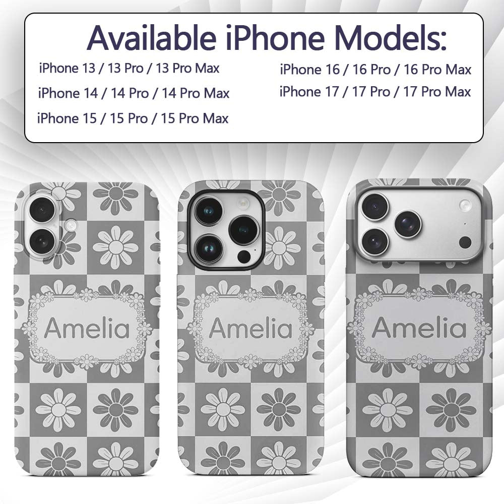 Cute Grey Daisy Checkerboard Floral Seamless Custom Name Protective Phone Case Mobile Cover Durable Everyday Smartphone Shock Resistant