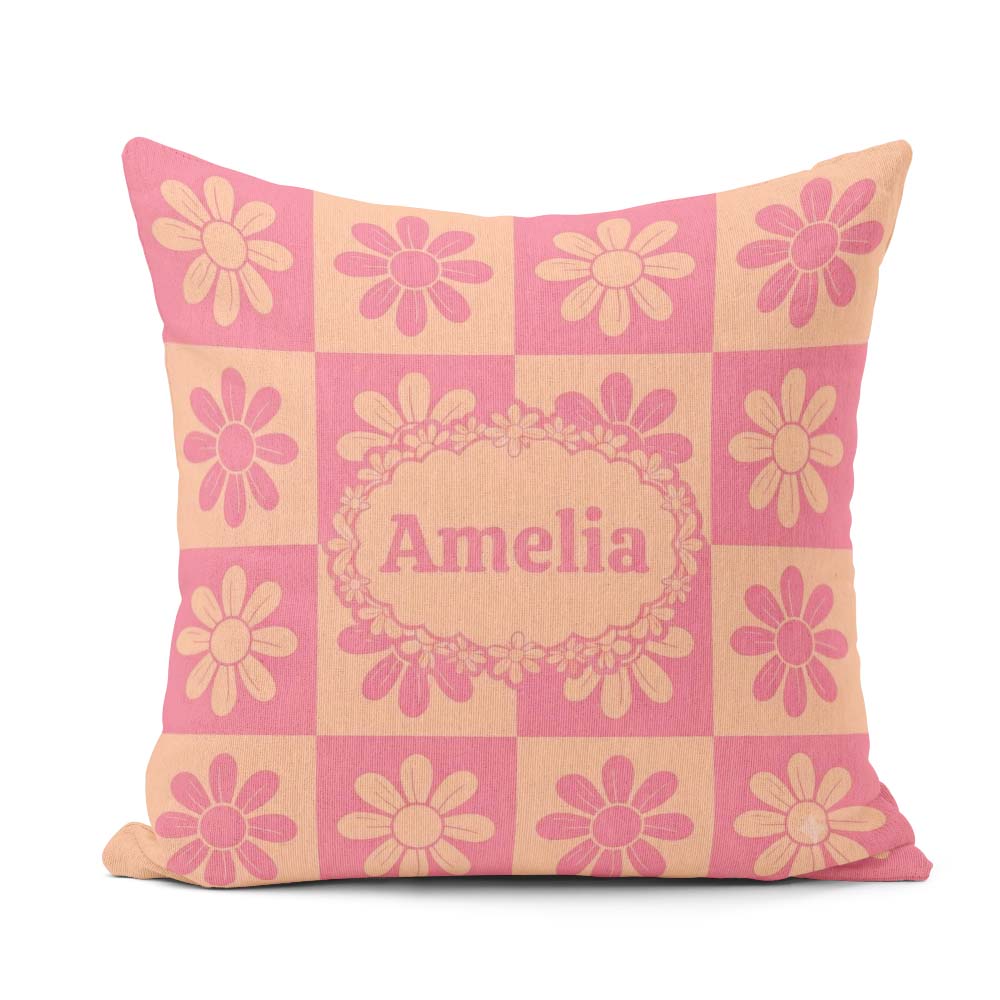 Custom Name Cute Pink Peach Daisy Floral Seamless Pattern Name Square Filled Cushion Throw Pillow Sofa Bed Home Decor Zip Washable UK Made