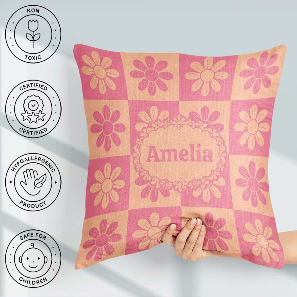 Custom Name Cute Pink Peach Daisy Floral Seamless Pattern Name Square Filled Cushion Throw Pillow Sofa Bed Home Decor Zip Washable UK Made