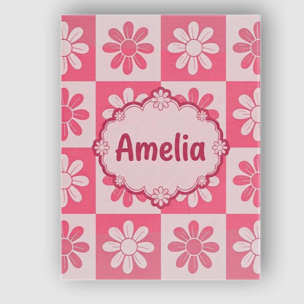 Personalised Name Cute Pink Daisy Checkerboard Floral Seamless Premium Decorative Design Canvas Wall Art Print Decor Picture Ready to Hang