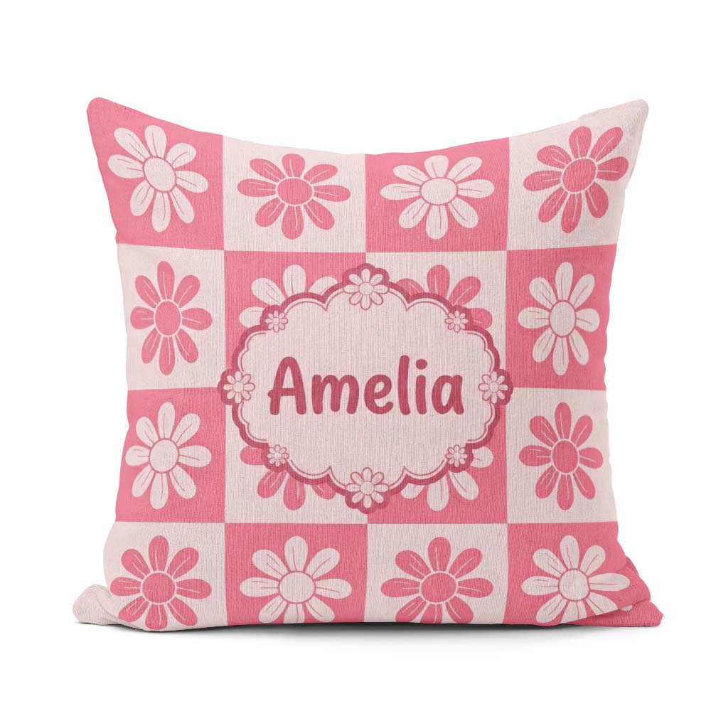 Custom Name Pink Daisy Checkerboard Floral Seamless Pattern Name Square Filled Cushion Throw Pillow Sofa Bed Home Decor Zip Washable UK Made