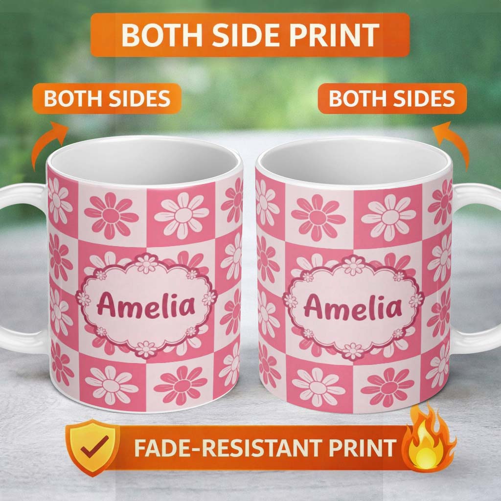 Personalized Custom Name Cute Pink Daisy Checkerboard Floral Seamless Pattern Name Unique 11oz Ceramic Coffee Tea Mug White Large Handle
