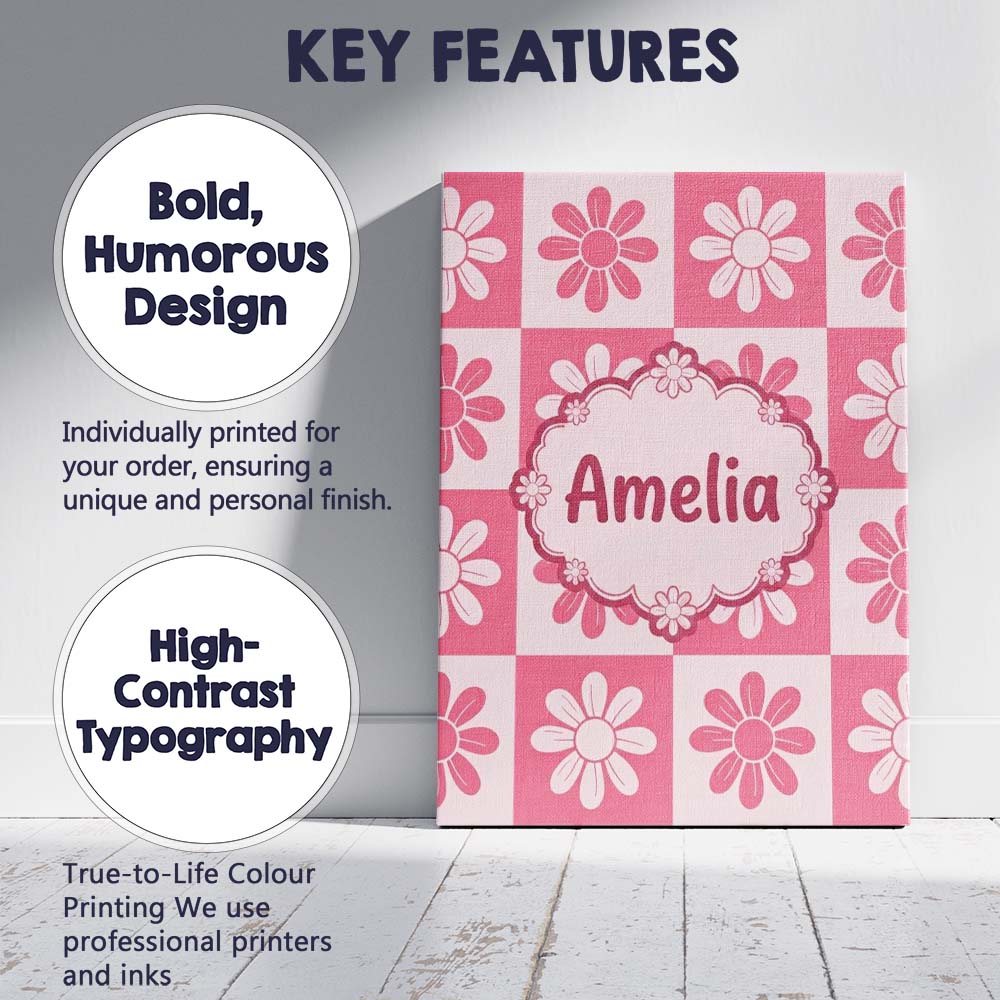 Personalised Name Cute Pink Daisy Checkerboard Floral Seamless Premium Decorative Design Canvas Wall Art Print Decor Picture Ready to Hang