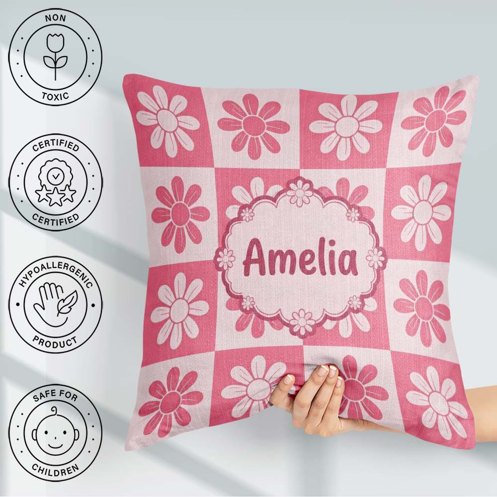 Custom Name Pink Daisy Checkerboard Floral Seamless Pattern Name Square Filled Cushion Throw Pillow Sofa Bed Home Decor Zip Washable UK Made