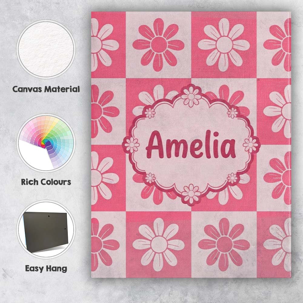 Personalised Name Cute Pink Daisy Checkerboard Floral Seamless Premium Decorative Design Canvas Wall Art Print Decor Picture Ready to Hang
