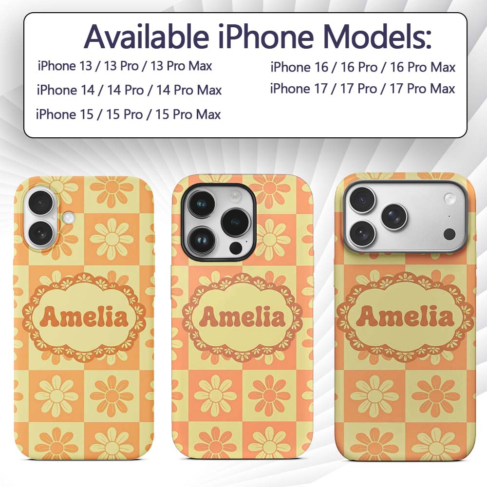 Cute Orange Yellow Daisy Checkerboard Floral Custom Name Protective Phone Case Mobile Cover Durable Everyday Smartphone Shock Resistant