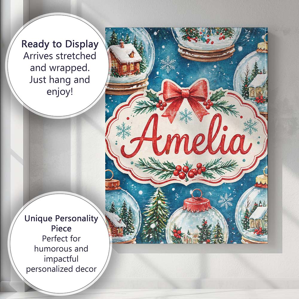 Personalised Name Watercolor Christmas Snow Globe Winter Seamless Custom Bespoke Canvas Wall Art Print Decor Picture Ready to Hang