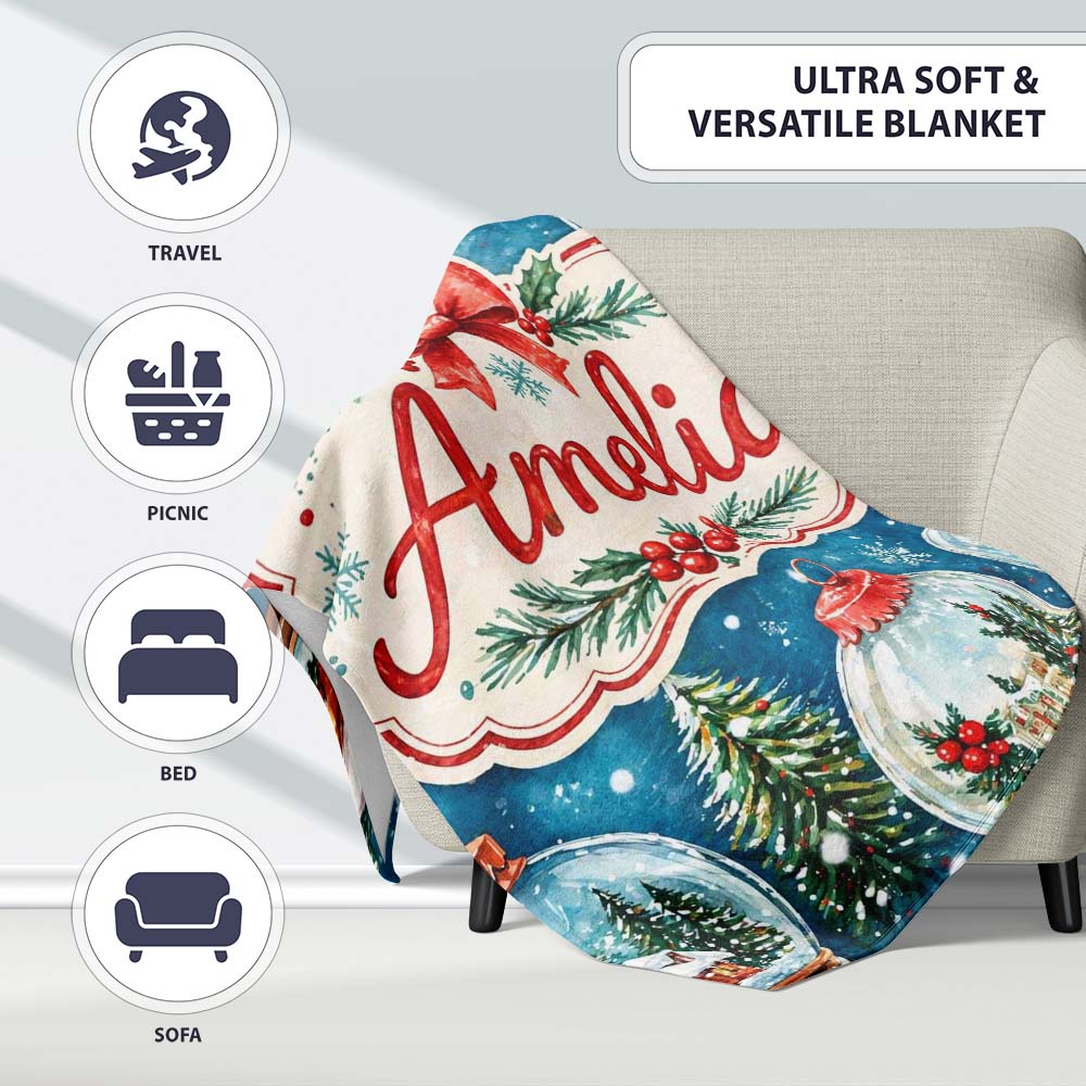 Watercolor Christmas Snow Globe Winter Seamless Pattern Lovely Personalised Custom Name Super Soft Fleece Blanket Bed Sofa Throw