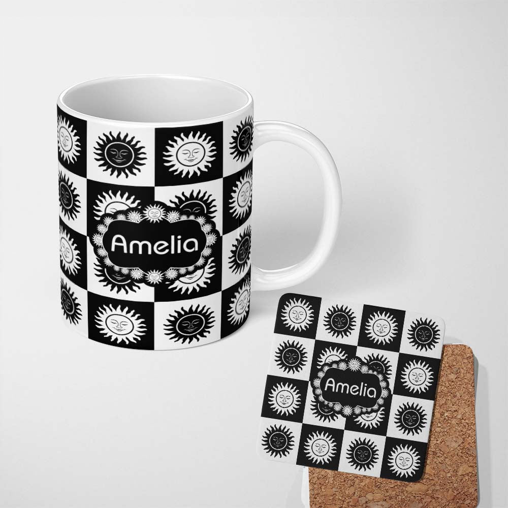 Personalized Custom Name Cute Black White Sun Face Checkerboard Celestial Seamless Pattern 11oz Ceramic Coffee Tea Mug White Large Handle