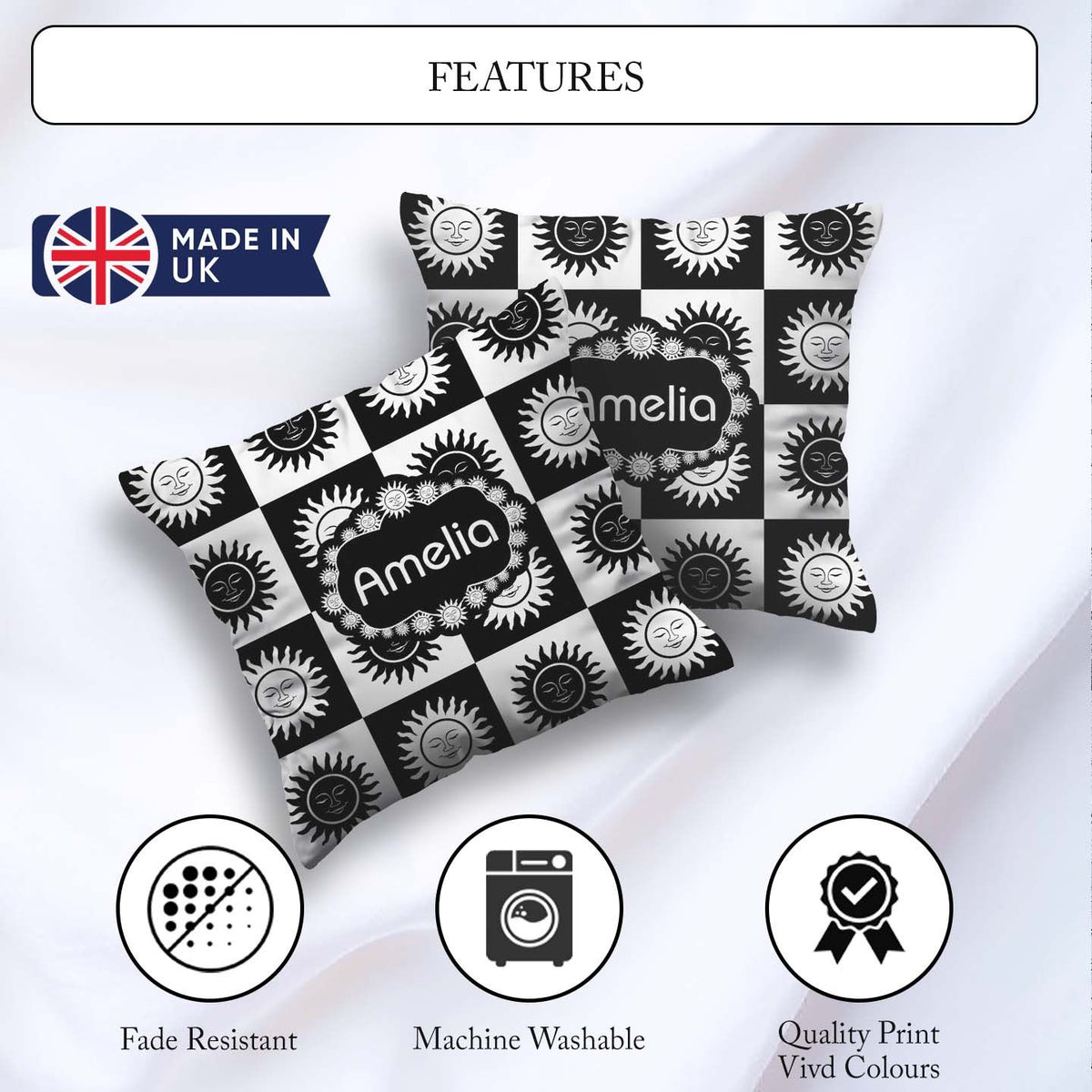 Custom Name Cute Black White Sun Face Celestial Seamless Pattern Square Filled Cushion Throw Pillow Sofa Bed Home Decor Zip Washable UK Made