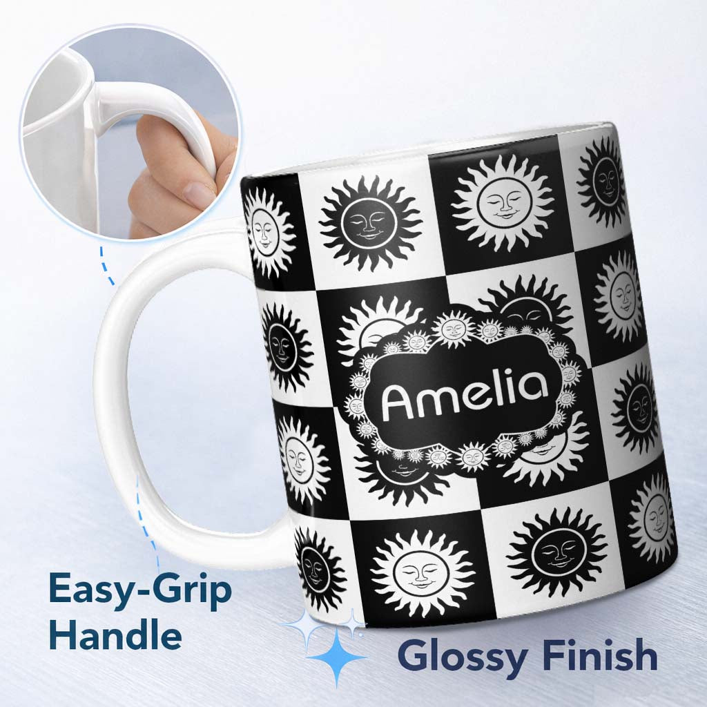 Personalized Custom Name Cute Black White Sun Face Checkerboard Celestial Seamless Pattern 11oz Ceramic Coffee Tea Mug White Large Handle