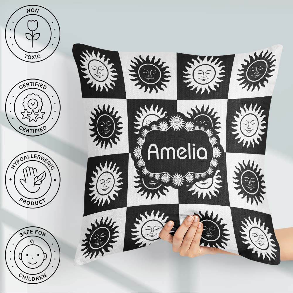 Custom Name Cute Black White Sun Face Celestial Seamless Pattern Square Filled Cushion Throw Pillow Sofa Bed Home Decor Zip Washable UK Made