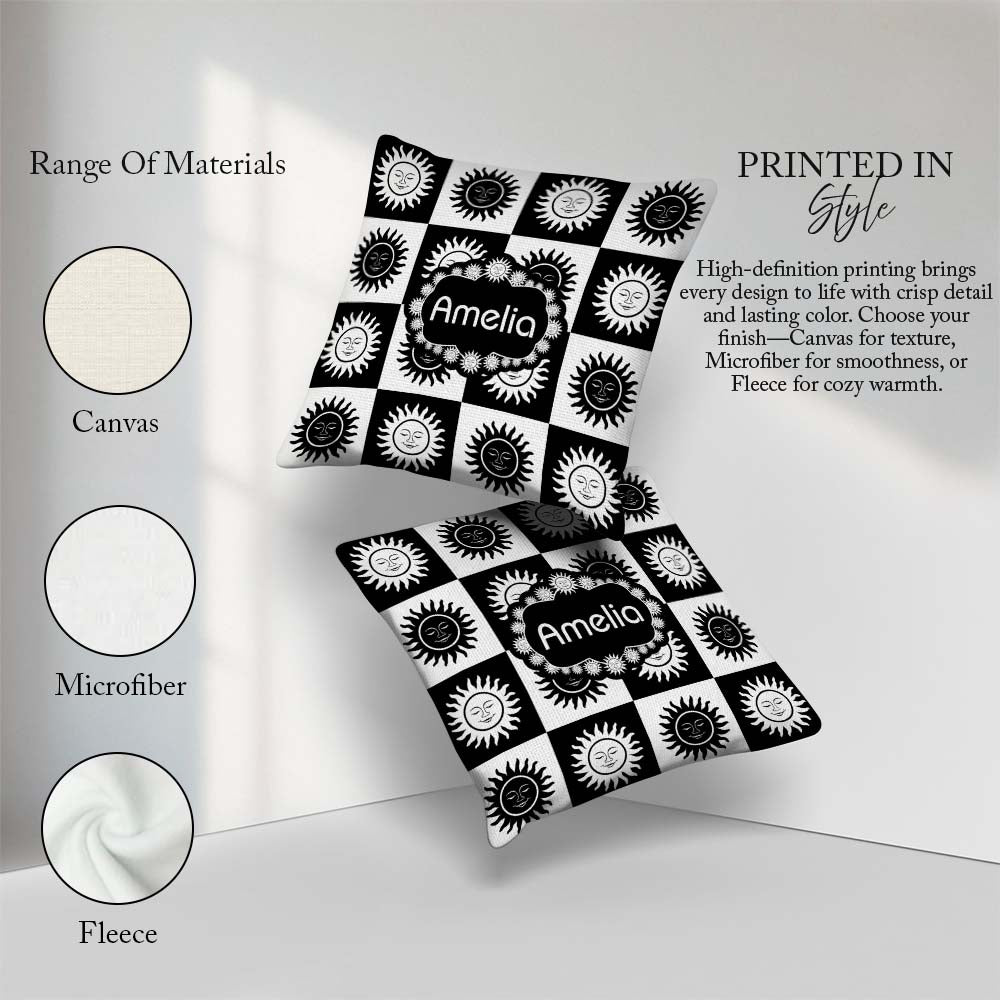 Custom Name Cute Black White Sun Face Celestial Seamless Pattern Square Filled Cushion Throw Pillow Sofa Bed Home Decor Zip Washable UK Made