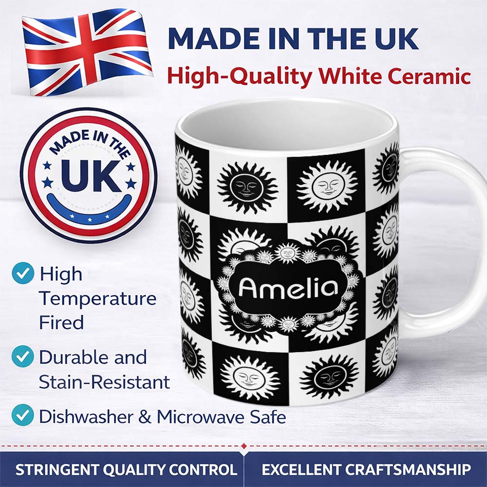 Personalized Custom Name Cute Black White Sun Face Checkerboard Celestial Seamless Pattern 11oz Ceramic Coffee Tea Mug White Large Handle
