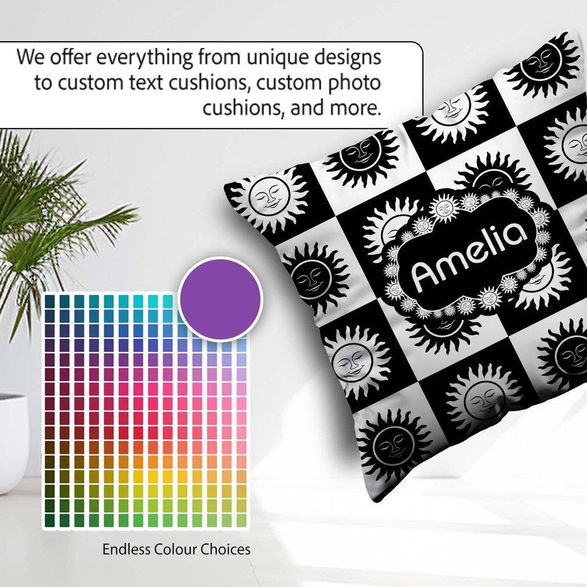 Custom Name Cute Black White Sun Face Celestial Seamless Pattern Square Filled Cushion Throw Pillow Sofa Bed Home Decor Zip Washable UK Made