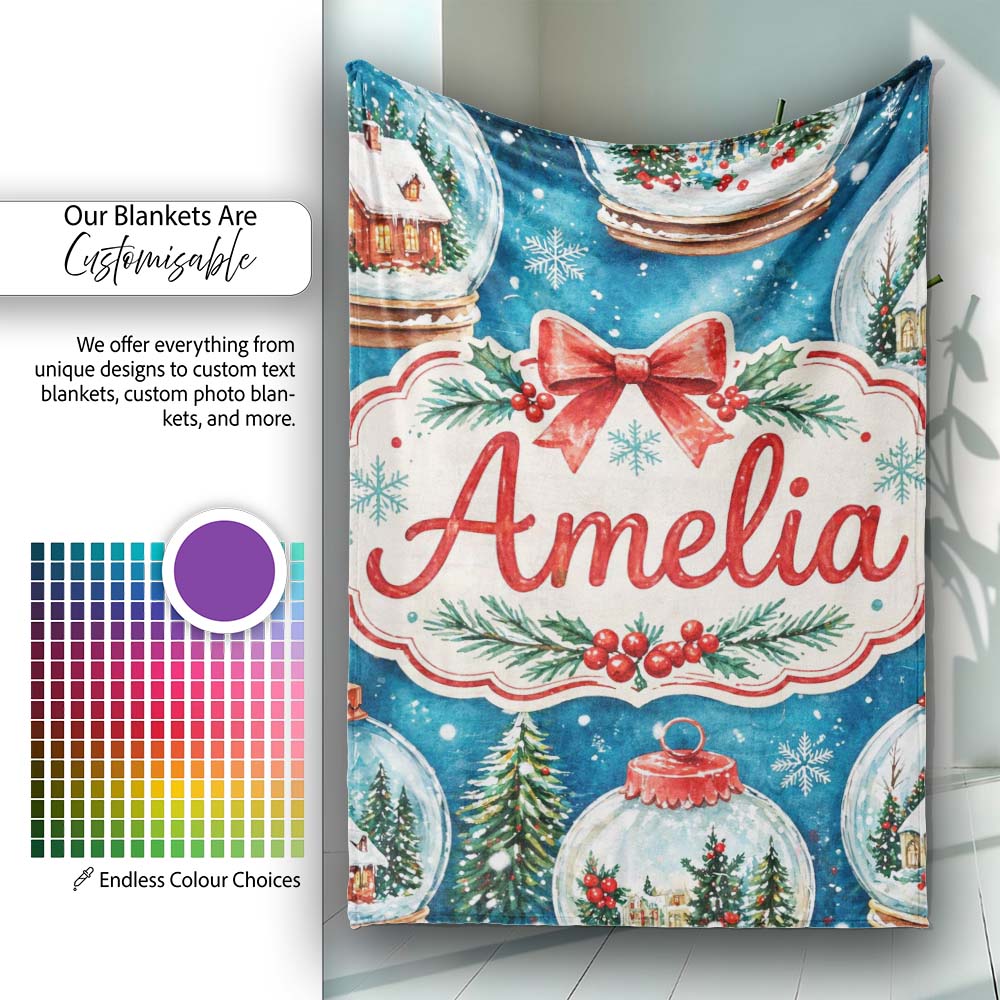 Watercolor Christmas Snow Globe Winter Seamless Pattern Lovely Personalised Custom Name Super Soft Fleece Blanket Bed Sofa Throw