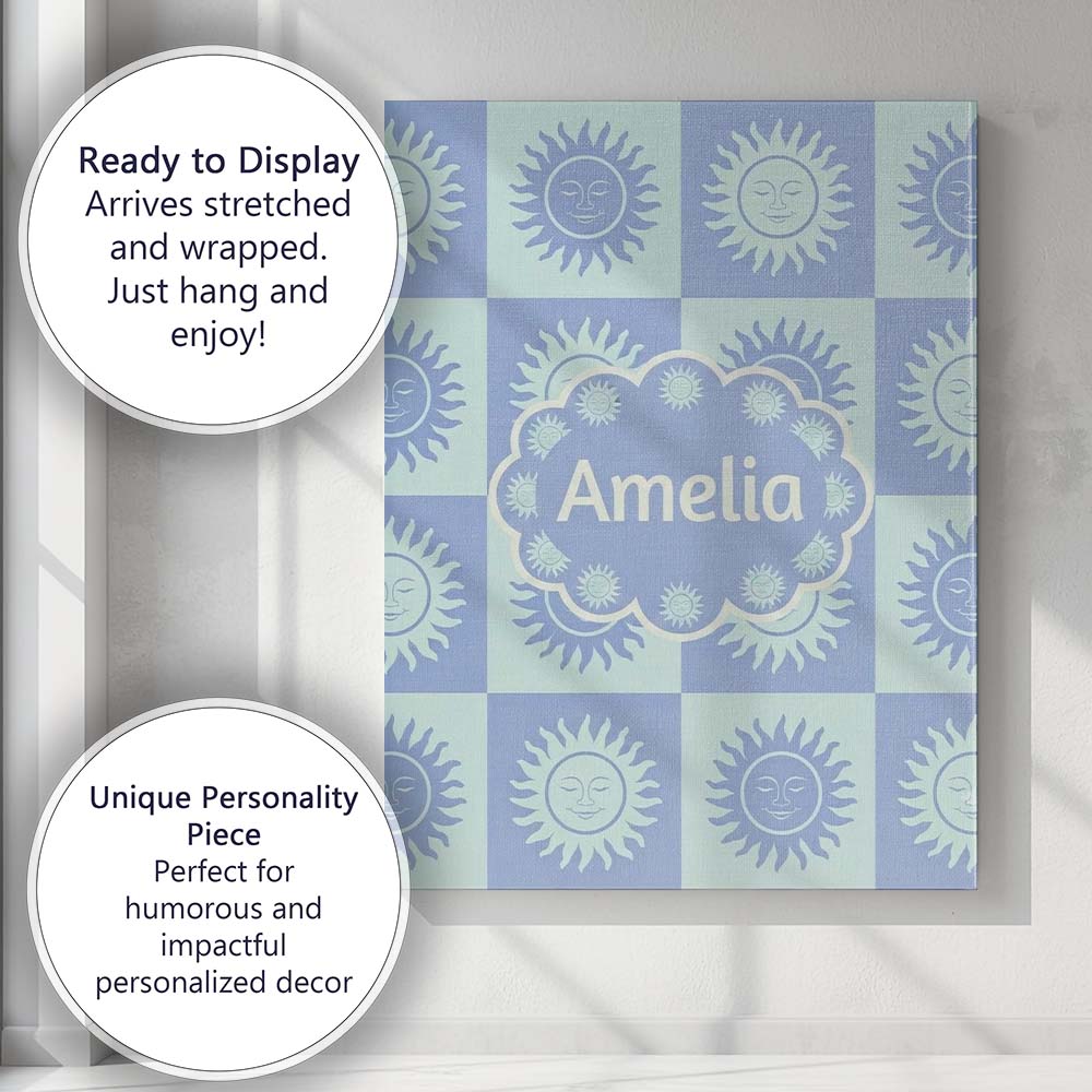 Personalised Name Cute Blue Pastel Sun Face Custom Bespoke Interior Contemporary Canvas Wall Art Print Decor Picture Ready to Hang