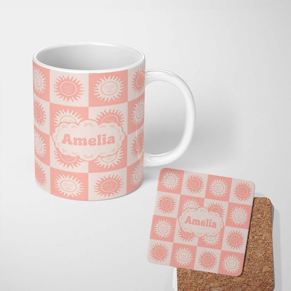 Personalized Custom Name Cute Soft Coral Sun Face Checkerboard Celestial Seamless Pattern 11oz Ceramic Coffee Tea Mug White Large Handle