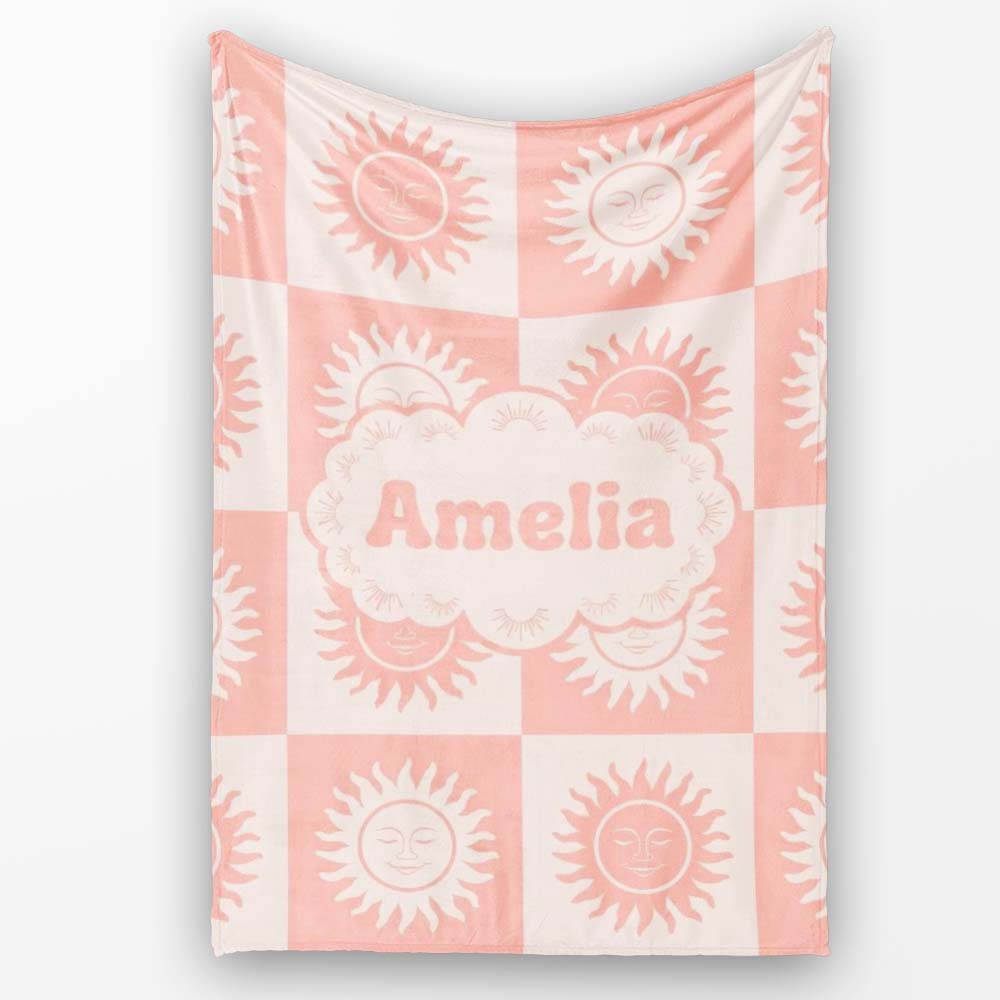 Cute Soft Coral Sun Face Checkerboard Celestial Seamless Pattern Personalised Custom Name Super Soft Fleece Blanket Bed Sofa Throw