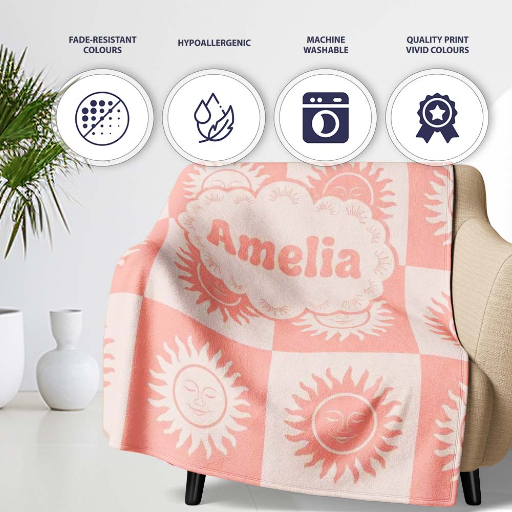 Cute Soft Coral Sun Face Checkerboard Celestial Seamless Pattern Personalised Custom Name Super Soft Fleece Blanket Bed Sofa Throw