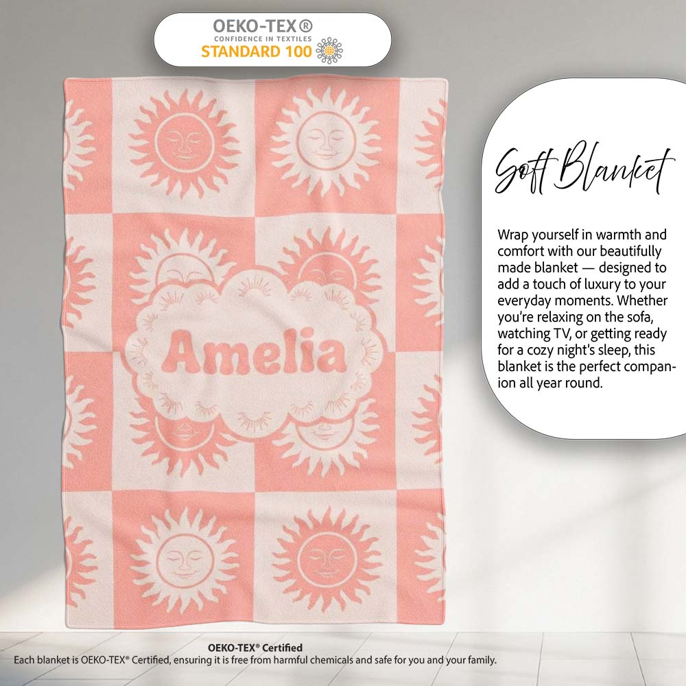 Cute Soft Coral Sun Face Checkerboard Celestial Seamless Pattern Personalised Custom Name Super Soft Fleece Blanket Bed Sofa Throw