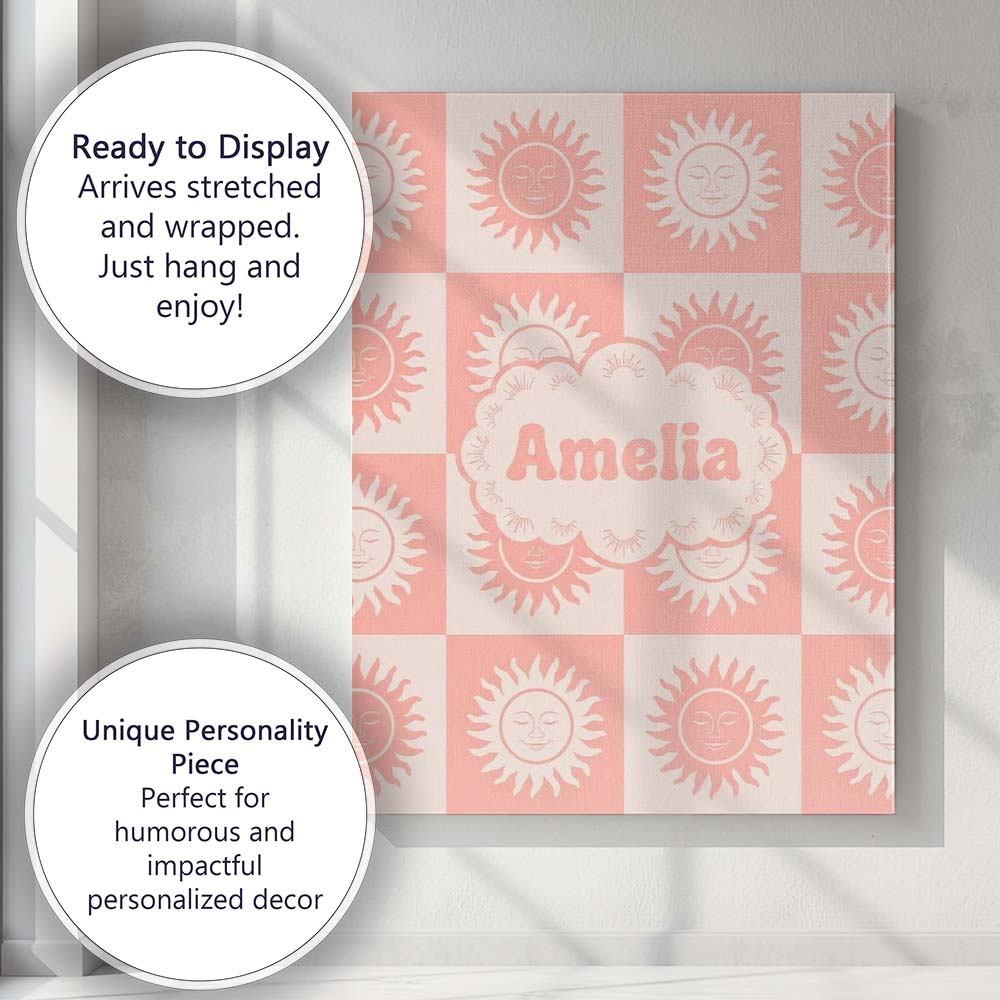 Personalised Name Cute Soft Coral Sun Face Custom Unique Gift Idea Elegant Feature Canvas Wall Art Print Decor Picture Ready to Hang