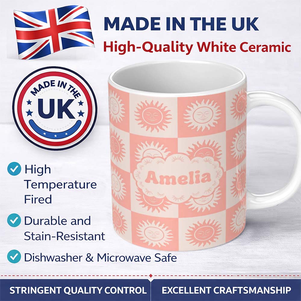 Personalized Custom Name Cute Soft Coral Sun Face Checkerboard Celestial Seamless Pattern 11oz Ceramic Coffee Tea Mug White Large Handle