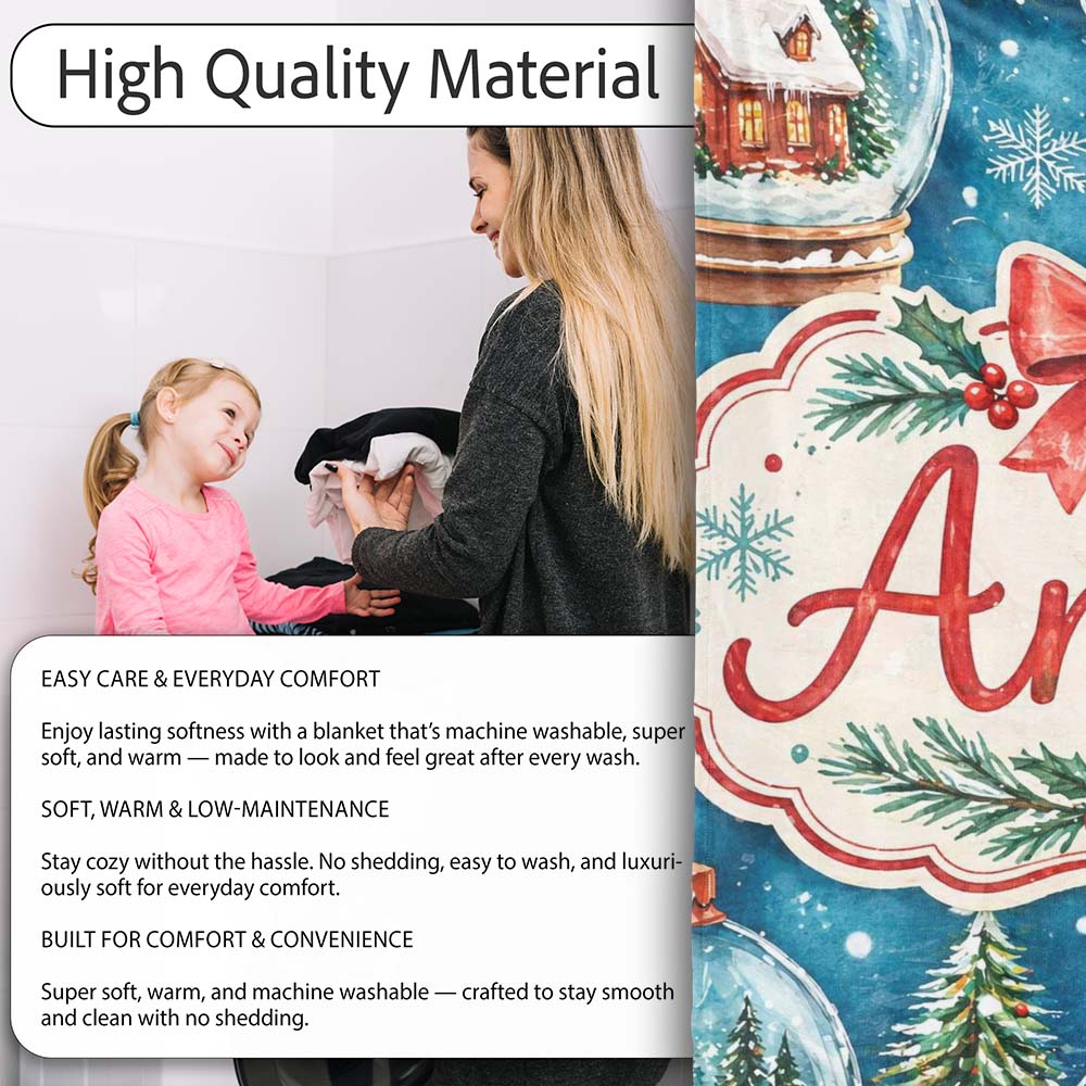 Watercolor Christmas Snow Globe Winter Seamless Pattern Lovely Personalised Custom Name Super Soft Fleece Blanket Bed Sofa Throw