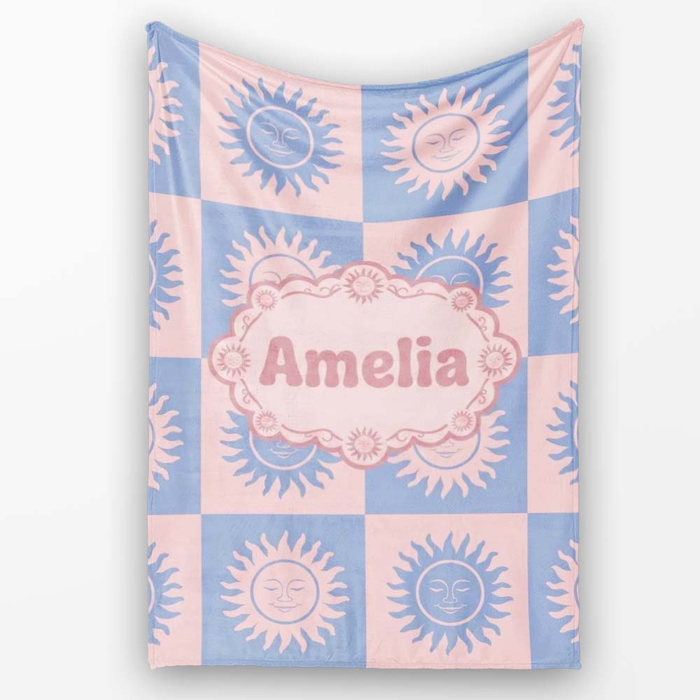 Cute Blue Pink Sun Face Checkerboard Celestial Seamless Pattern Name Personalised Custom Name Super Soft Fleece Blanket Bed Sofa Throw