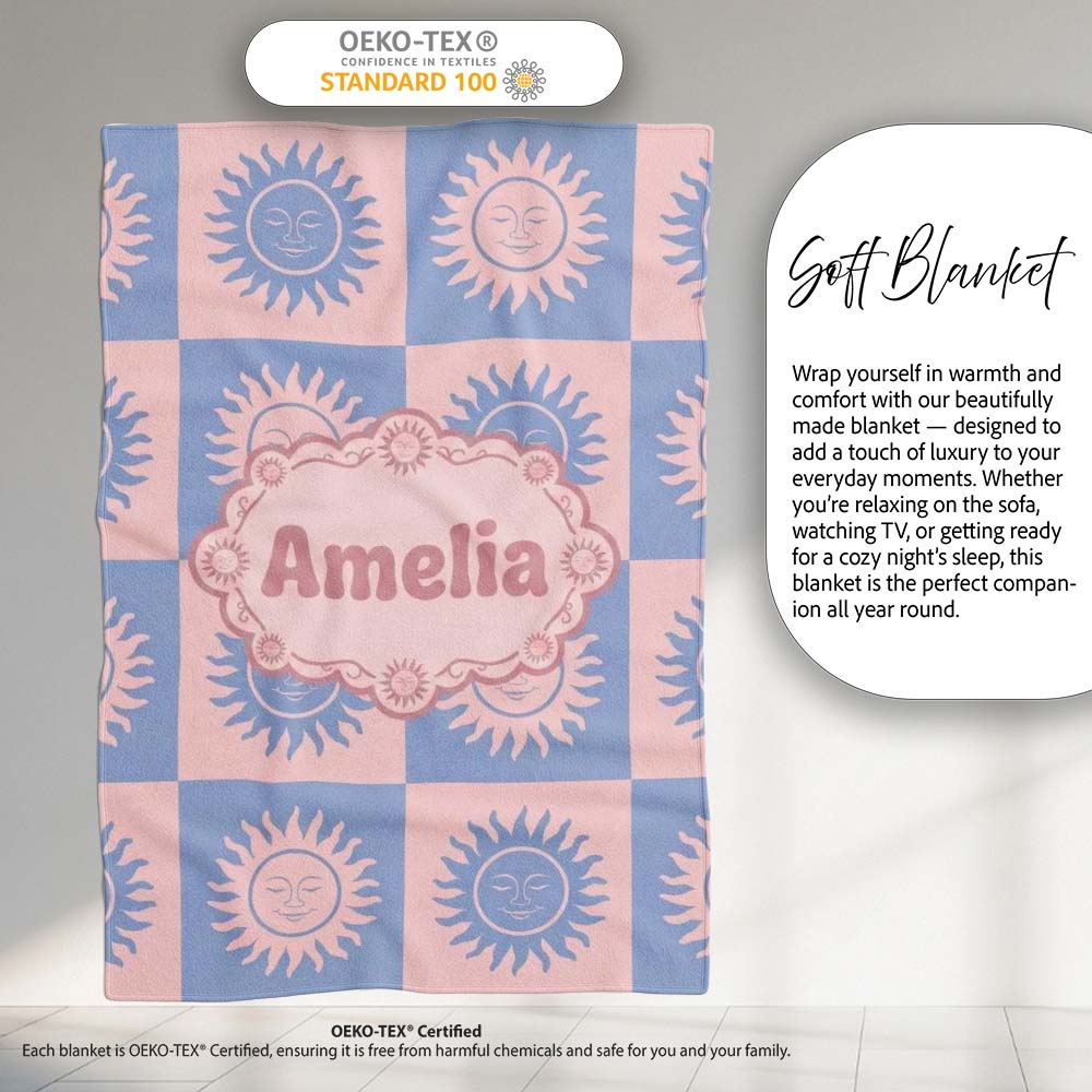 Cute Blue Pink Sun Face Checkerboard Celestial Seamless Pattern Name Personalised Custom Name Super Soft Fleece Blanket Bed Sofa Throw
